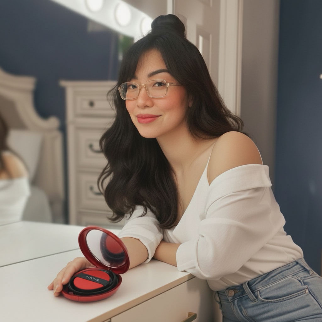 Angela Ricardo, a half korean half filipina mom is showing her swatch of the Tirtir Mask Fit Red Cusion product.