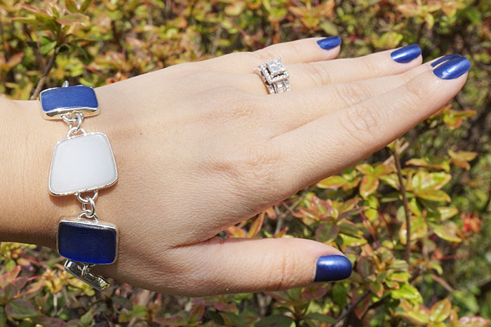 Blue & White Beach Glass Silver Bracelet